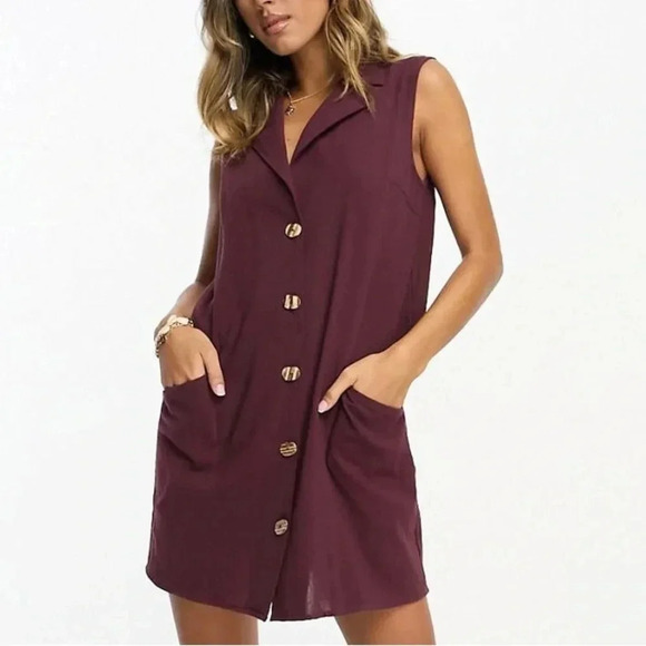 ASOS DESIGN vest mini dress burgundy sleeveless button down collar pockets - Picture 1 of 6